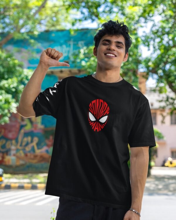 SPIDER-MAN TYPOGRAPHIC MASK OVERSIZED TEE – BLACK